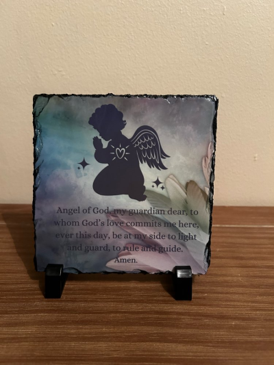 Guardian Angel - 15x15cm slate with plastic stands for display