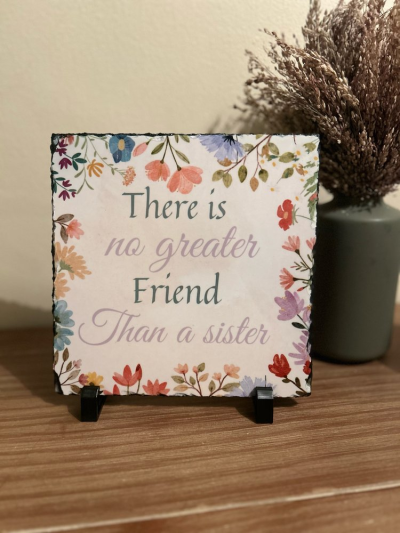 Sister Slate - 20cm x 20cm slate 

Boxed with two plastic stands for display