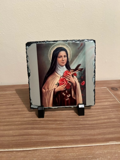 Saint Therese - A picture slate with images comes with two plastic stands for display

Slate size 15 x 15